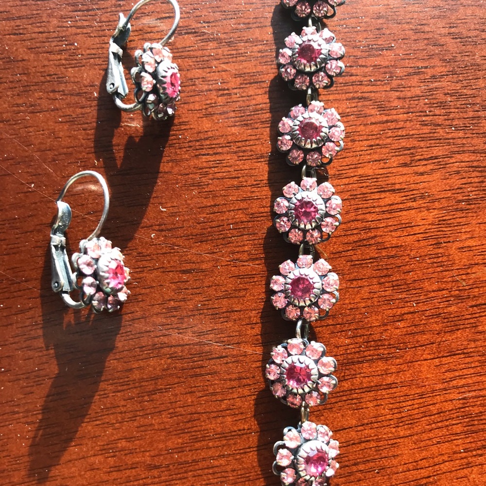 Pink crystal bracelet with matching earrings